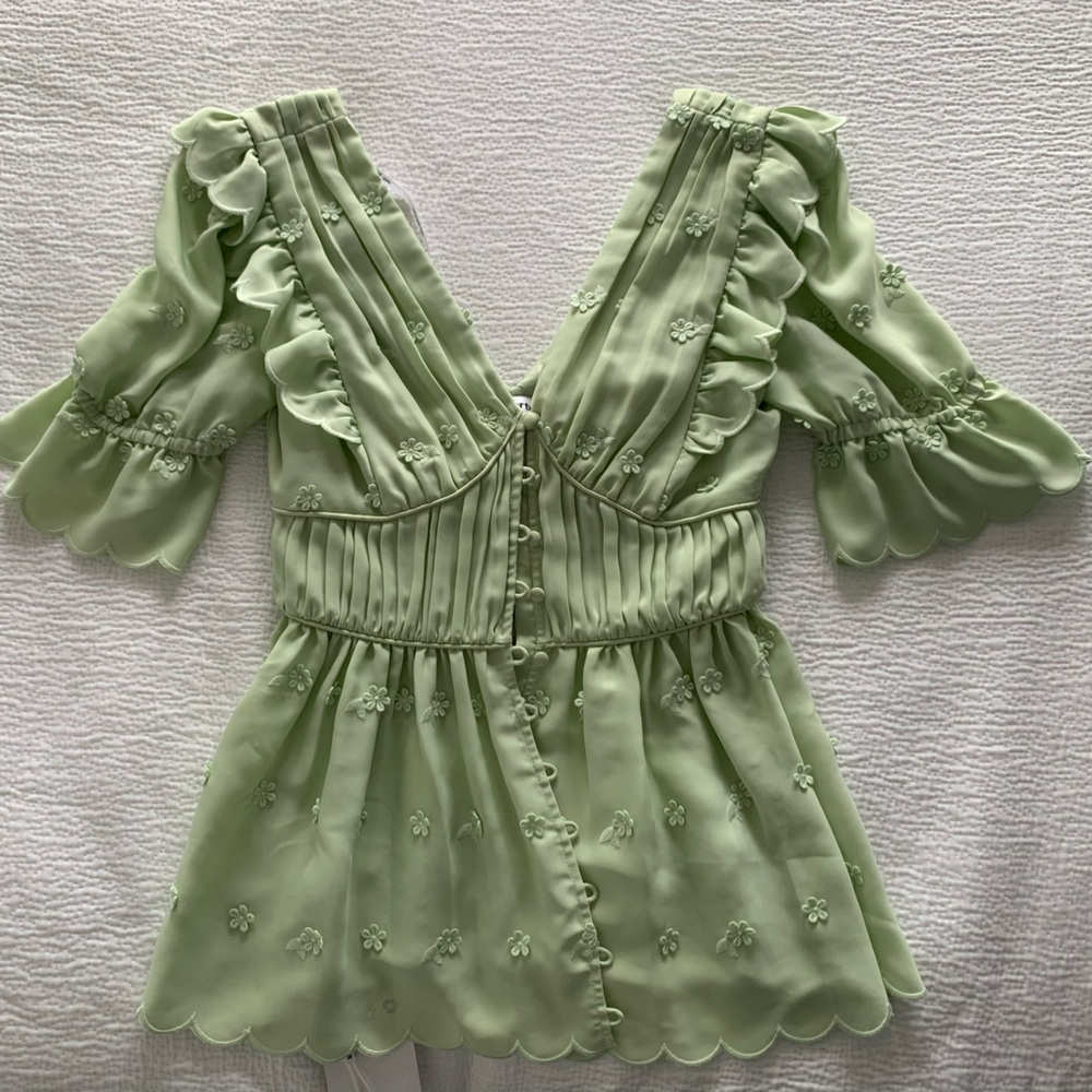 Self-Portrait Light Green Scalloped V-Neck Floral Embroidered Top